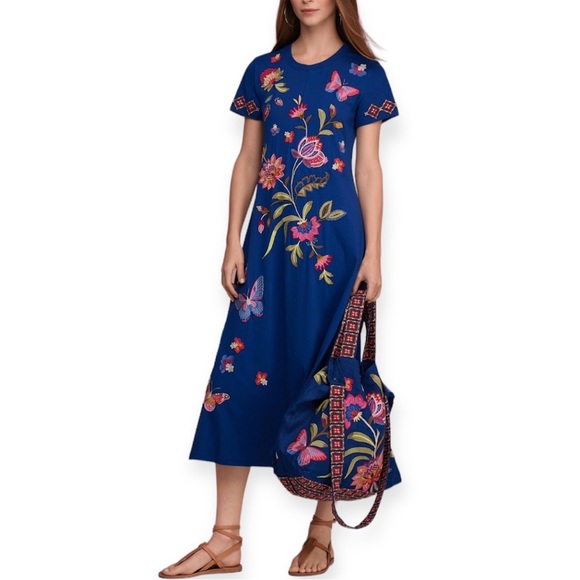 JOHNNY WAS Gracey Dress Crew Neck Swing Maxi Floral Butterfly Embroidery NWT - Picture 4 of 13